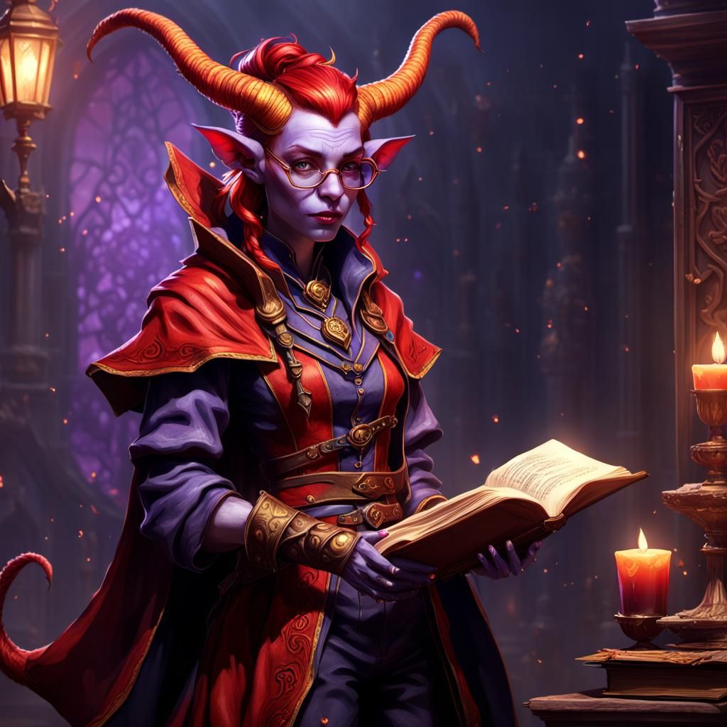 Full body Female Red Tiefling Bard holding a book with thick...