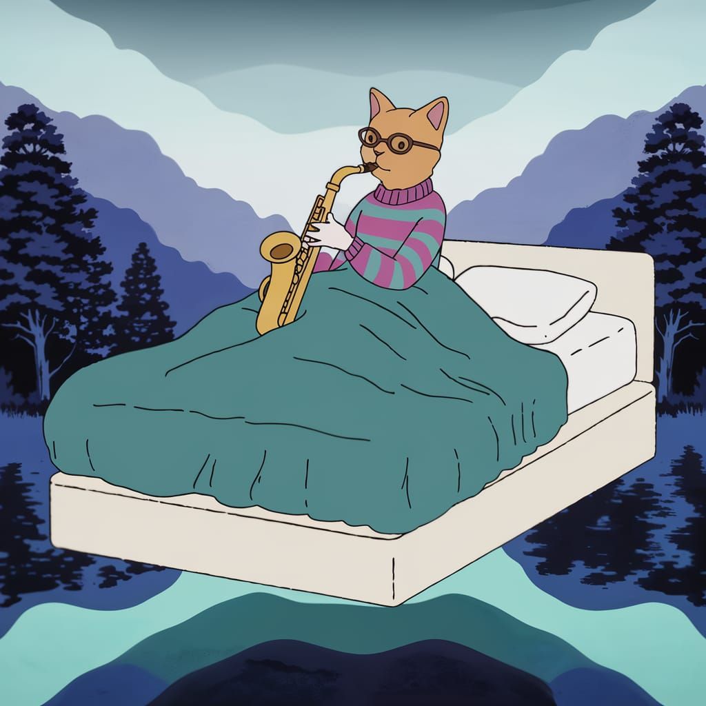 A cat playing the saxophone on the comfiest bed ever