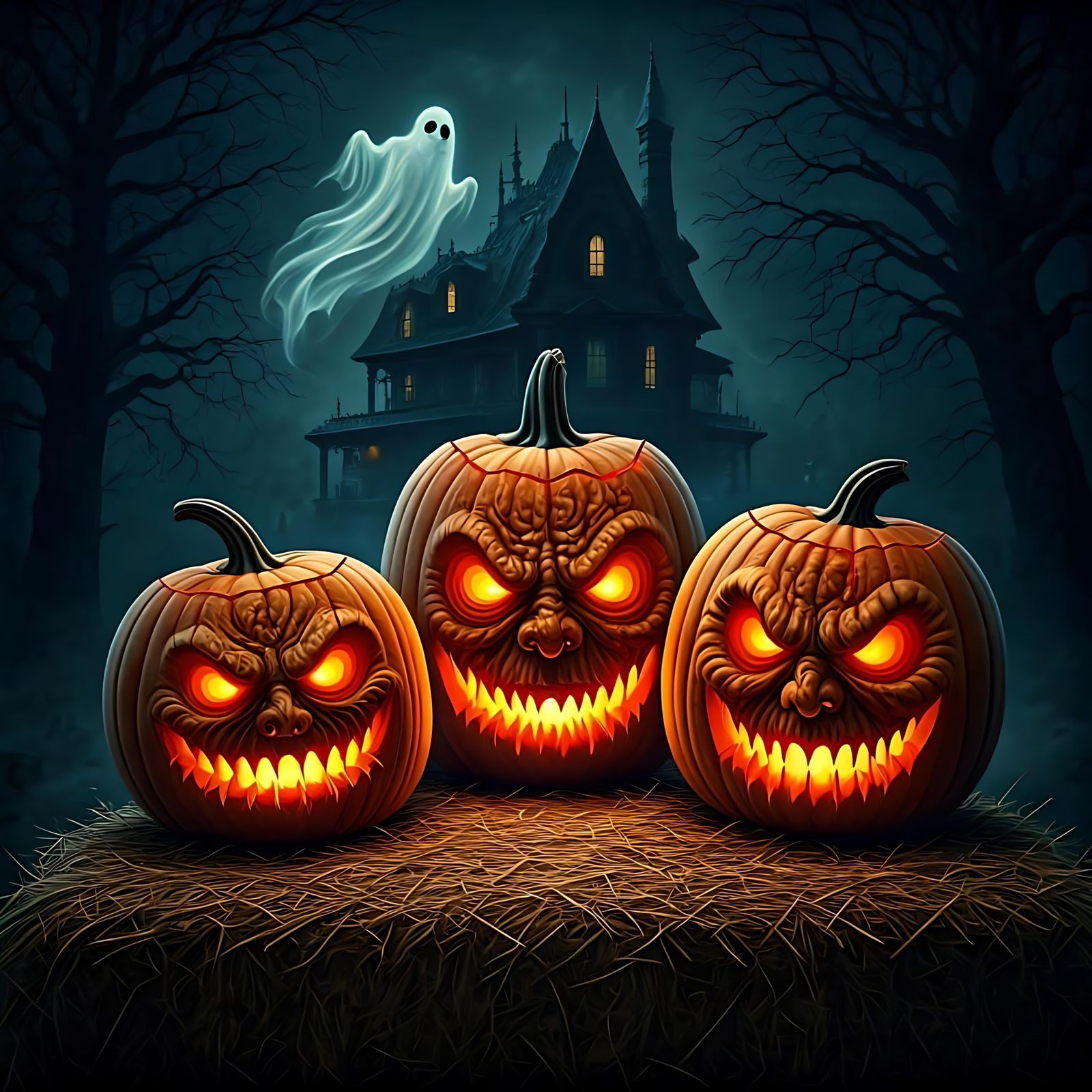 Scary pumpkins with a haunted house in the background