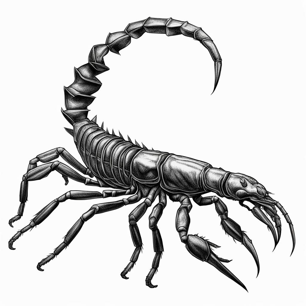 line drawing, scorpion, tail raised, full body, side view AI