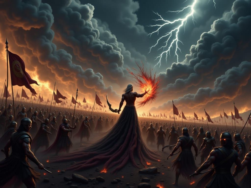 A god of lightning and darkness dominates a vast, chaotic battlescape under a tumultuous night sky. The god, with skin like charcoal and flo...