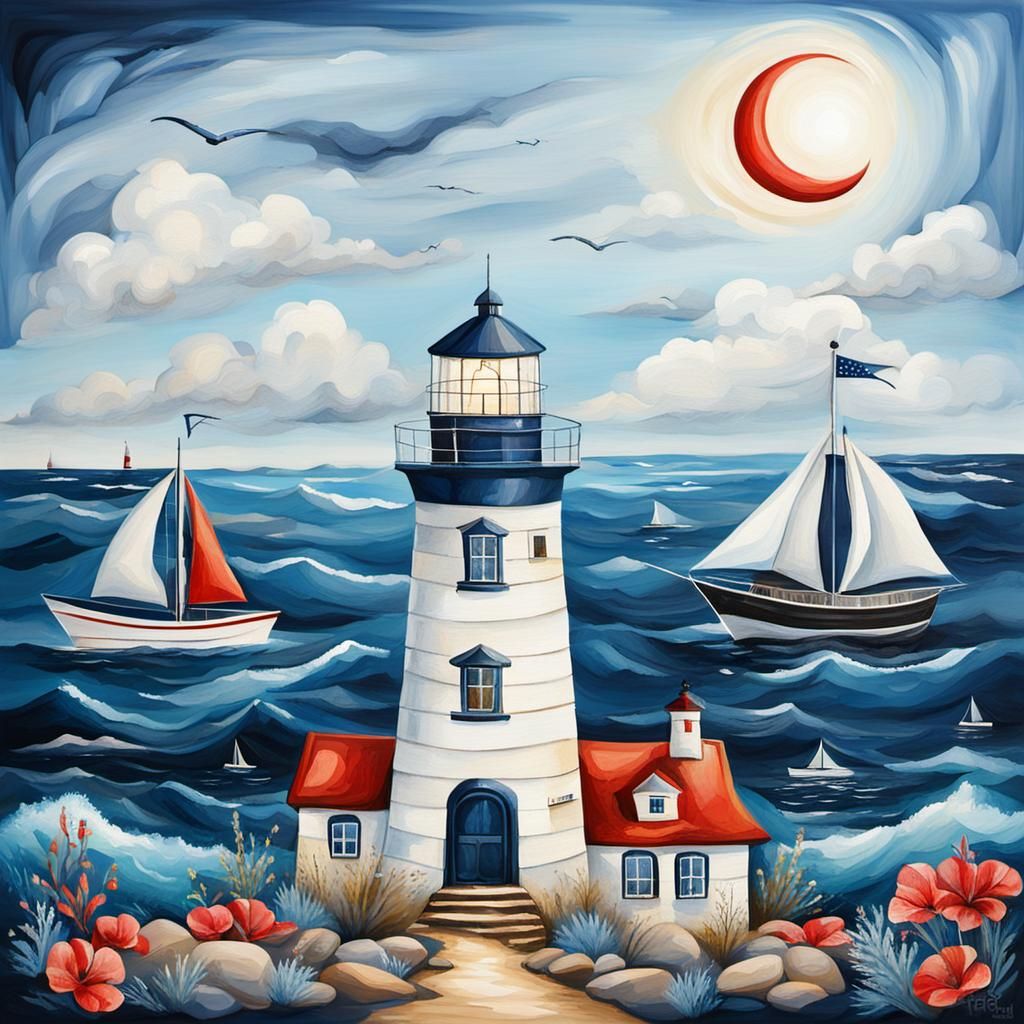 A painting  with a Nautical lighthouse, anchor, sailor. Boat...