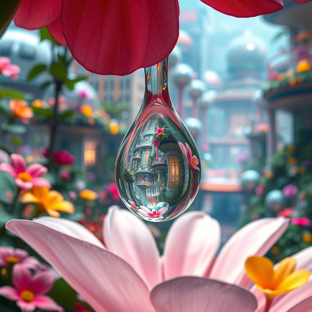Water Drop Reflecting Solarpunk City in Macro