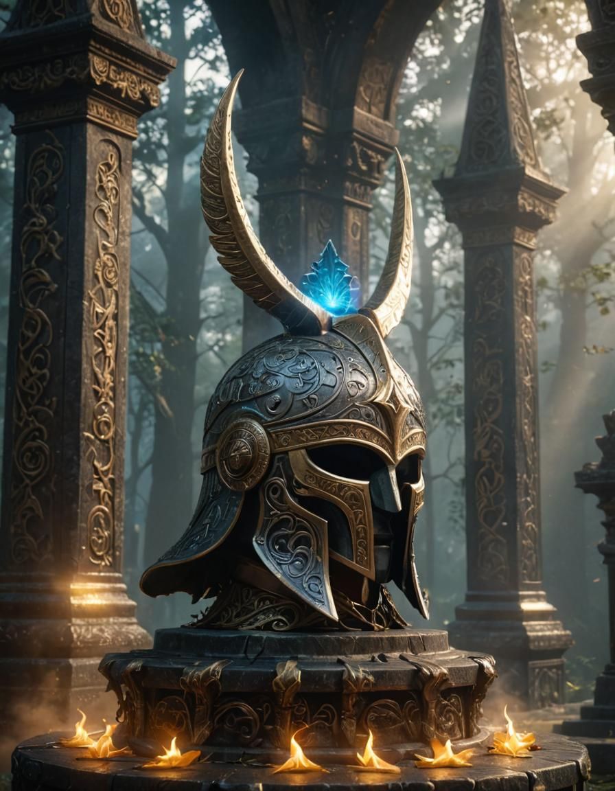 epic norse hero enchanted warrior helmet with enchanted engravings on pedestal in holy shrine