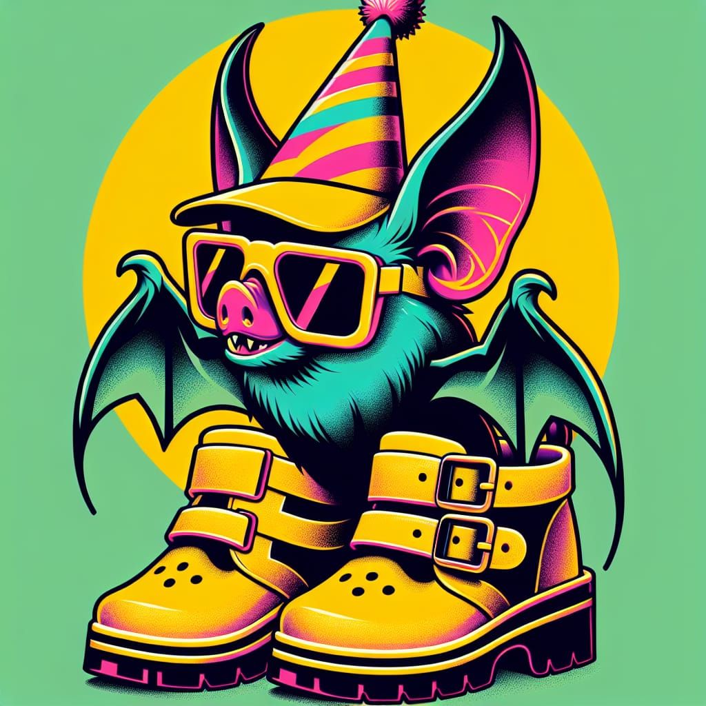 A cartoon bat wearing neon yellow CROCS and a party hat