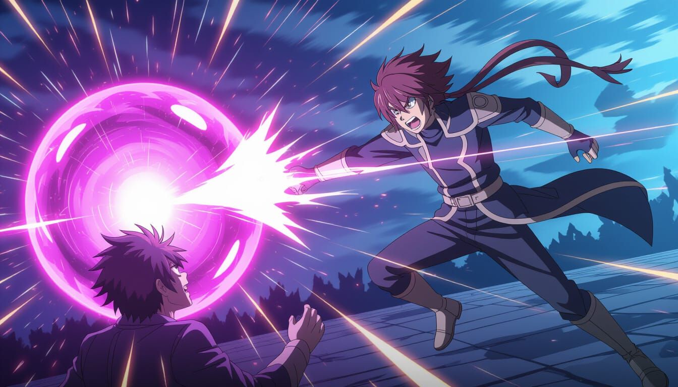 Dynamic and exaggerated action shot of an anime battle. Main character in a fierce aerial attack** pose launches a fiery purple energy ball ...