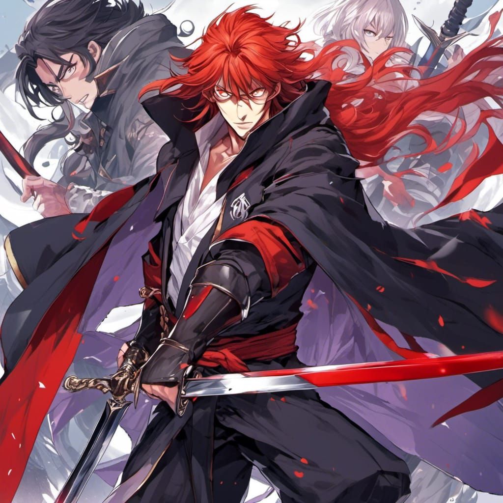 lora:Dark Theme Anime:1.0> A 7 feet tall man with red long hair, his eyes  are purple, and has an eye patch on one of them, he has two big s... - AI