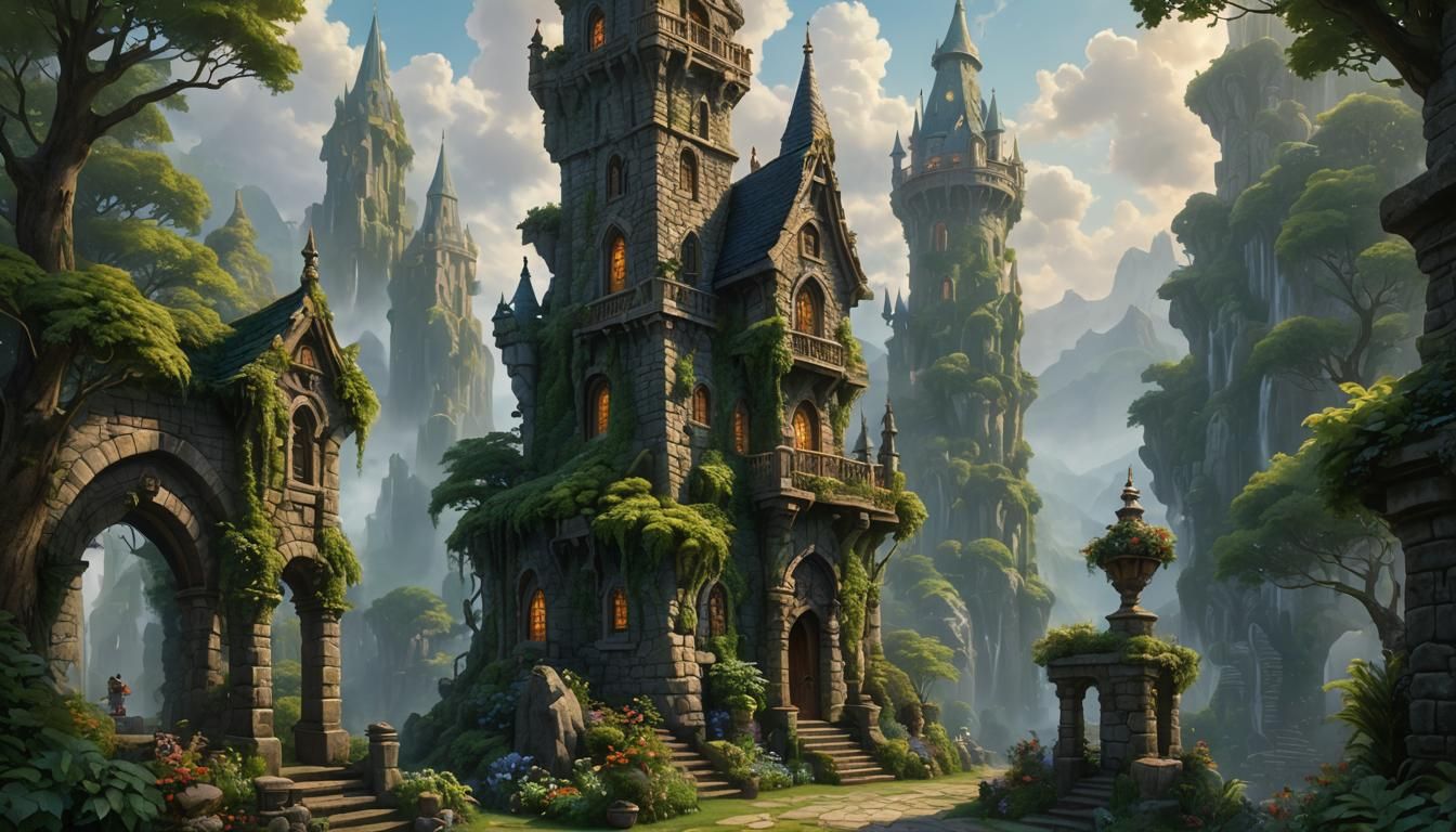Intricate stone pillars and stone statues, covered in vegeta...