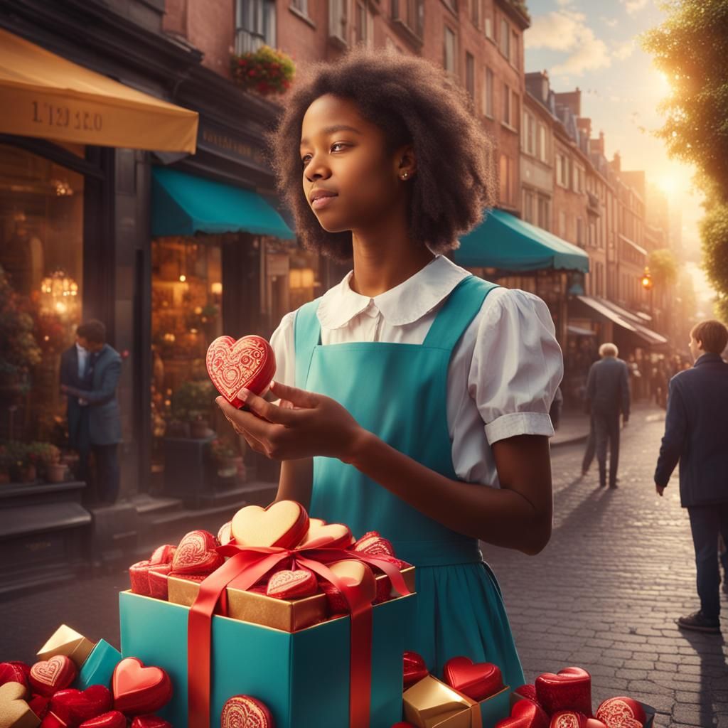 A girl in the middle of a fancy town giving a young man with...