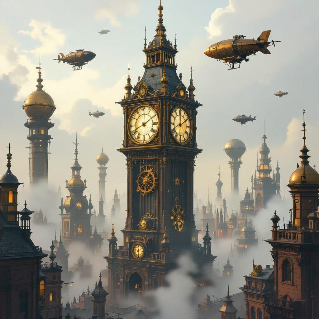A solitary, ancient clocktower stands as the centerpiece of a bustling steampunk metropolis, its gears intricately detailed and emitting a s...