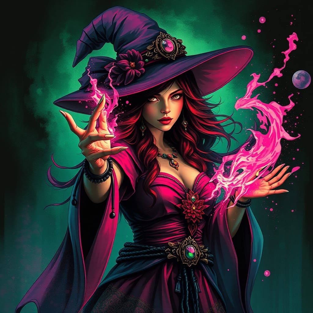 beautiful dieselpunk witch Casting a magic spell, dynamic li...