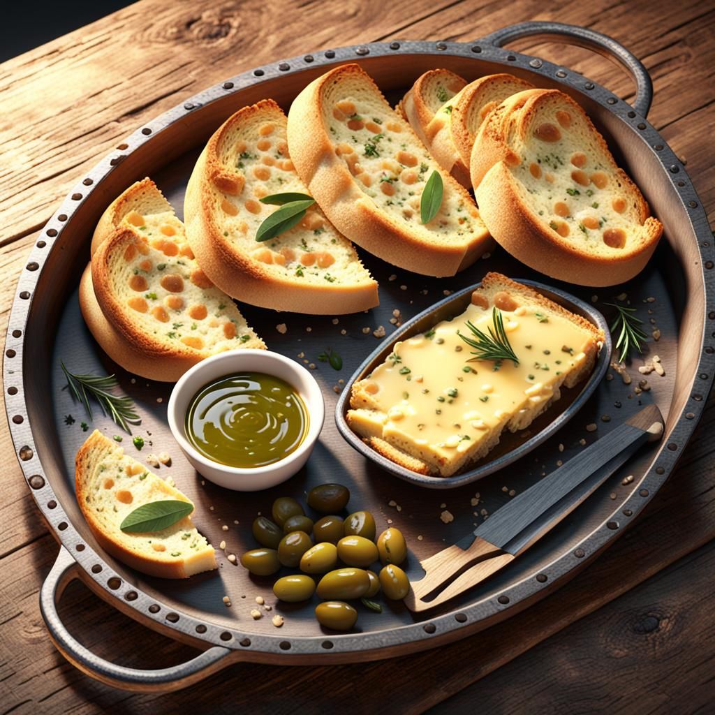 Tray of sliced cheese garlic bread with olive oil dip on ser...