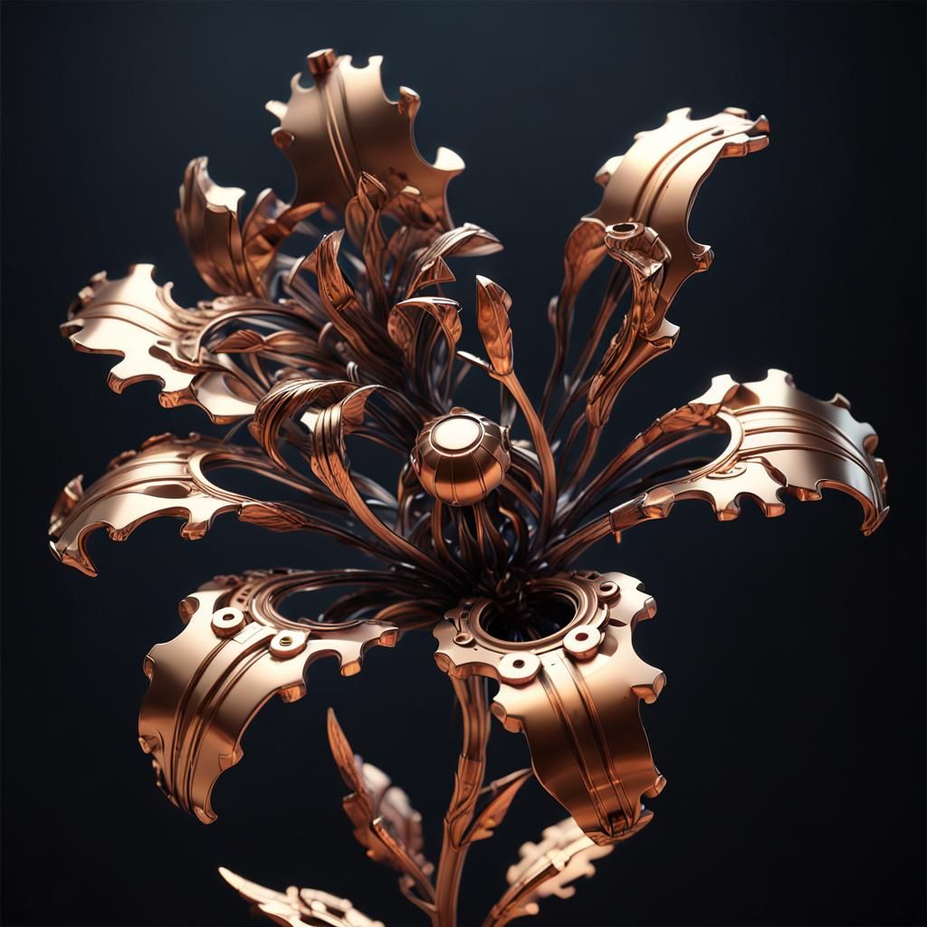 metal iris flower made of gears. long stem and leaves. varni...