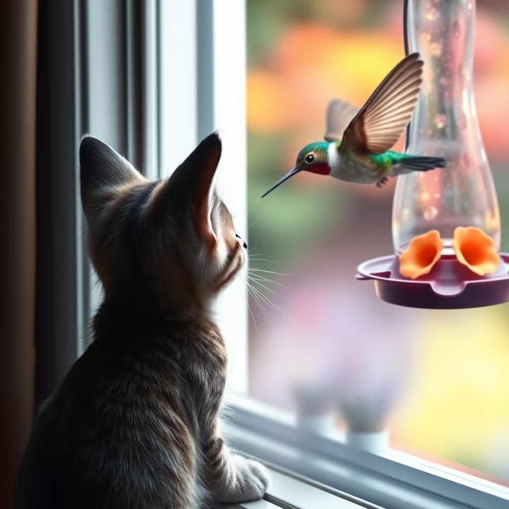 a kitten looking out the window at a hummingbird just outside the window  by @Hereami