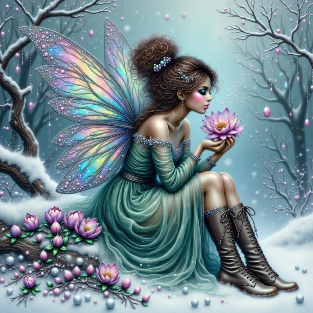 In a serene winter landscape, snowflakes dance across the sky, casting a gentle, mystical gloom. Amidst the flurry, a whimsical fairy emerge...