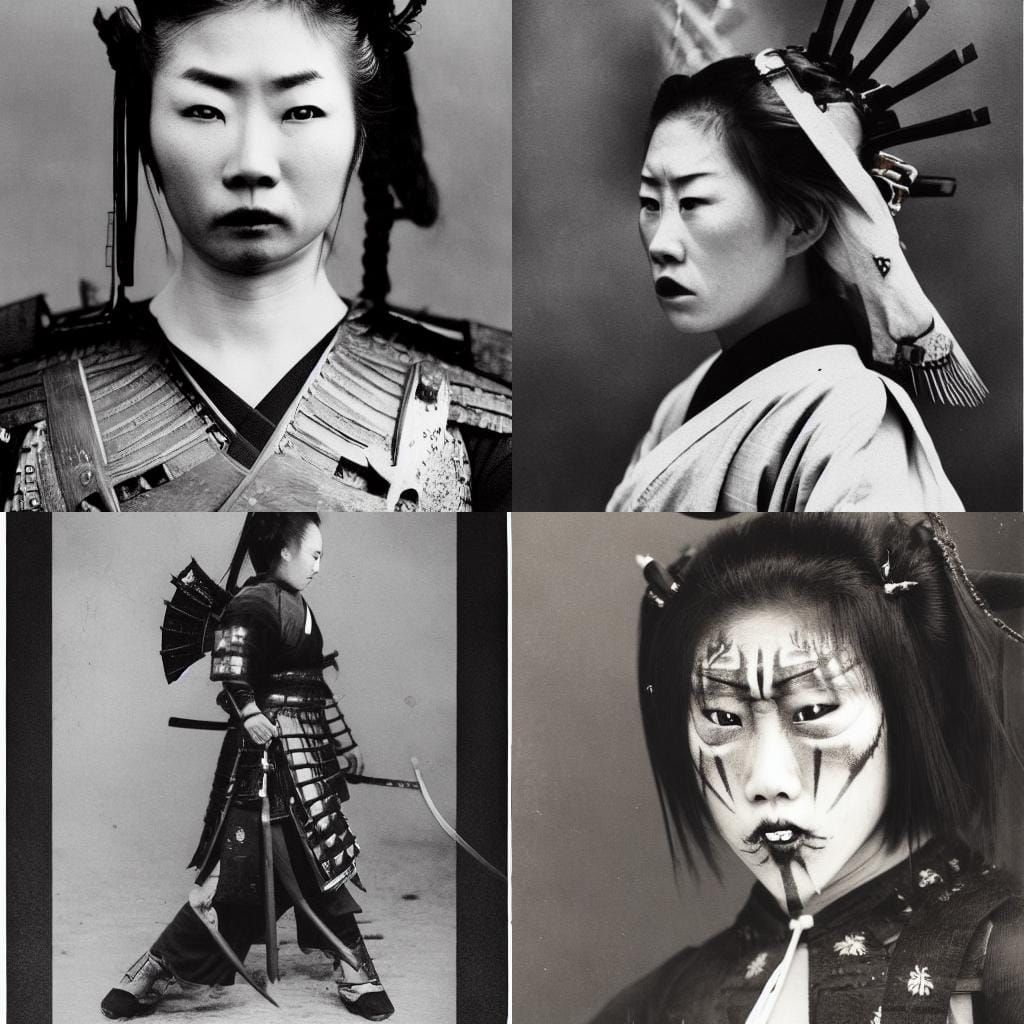 A close-up shot of a fierce female samurai, down her shoulde...