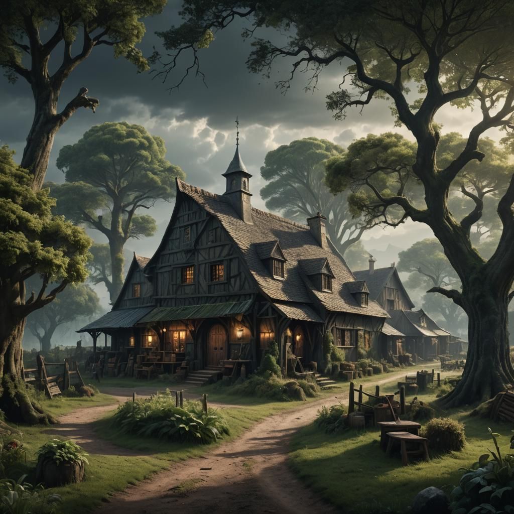 a French stud farm and a saddler's workshop, dark fantasy, on a plain surrounded by a grove