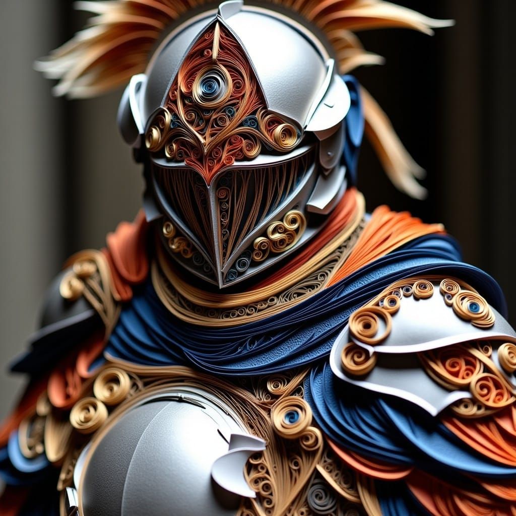 <lora:Quilling Flux:1.0> A knight with an intricate helmet, quilling