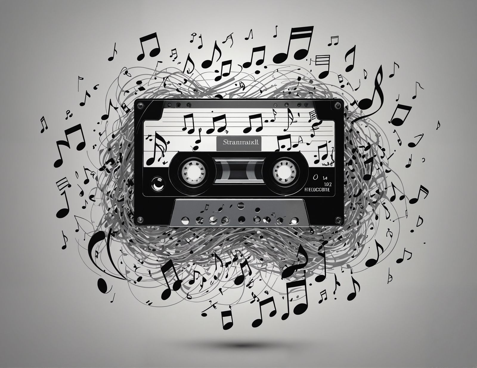 A cassette tape with musical notes flowing out of it, surrou...