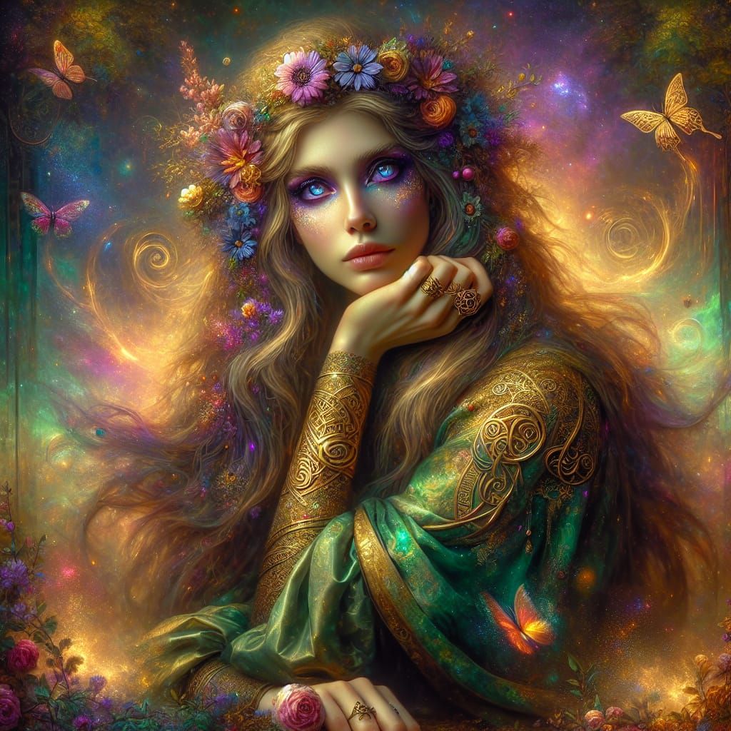 Beautiful fairy girl with long flowing dark blonde hair w/go...