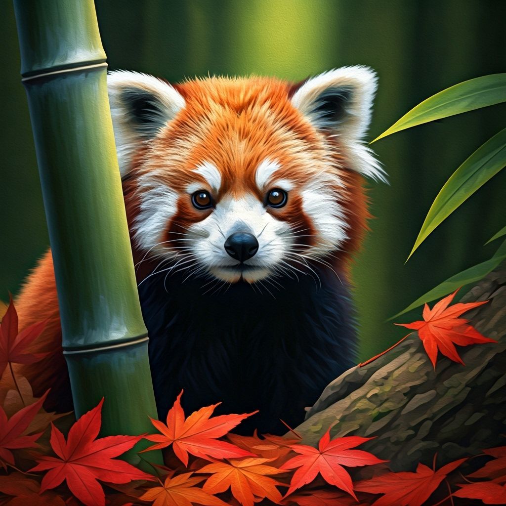 A curious red panda, adorned with tiny, intricate crystalline growths on its fur, peeks out from behind ...  by @BINUSH