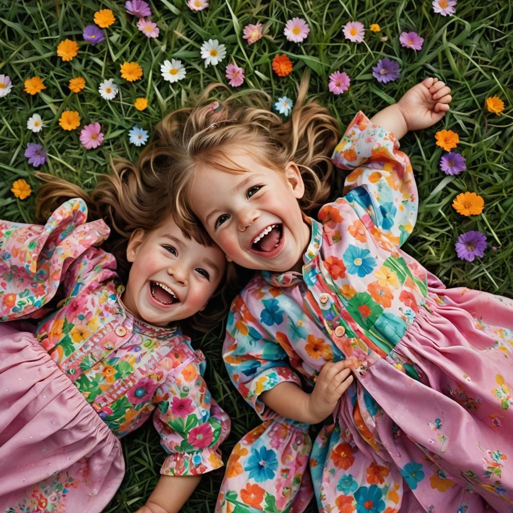 Twins Laughing in Grass: Children's Portrait Photography