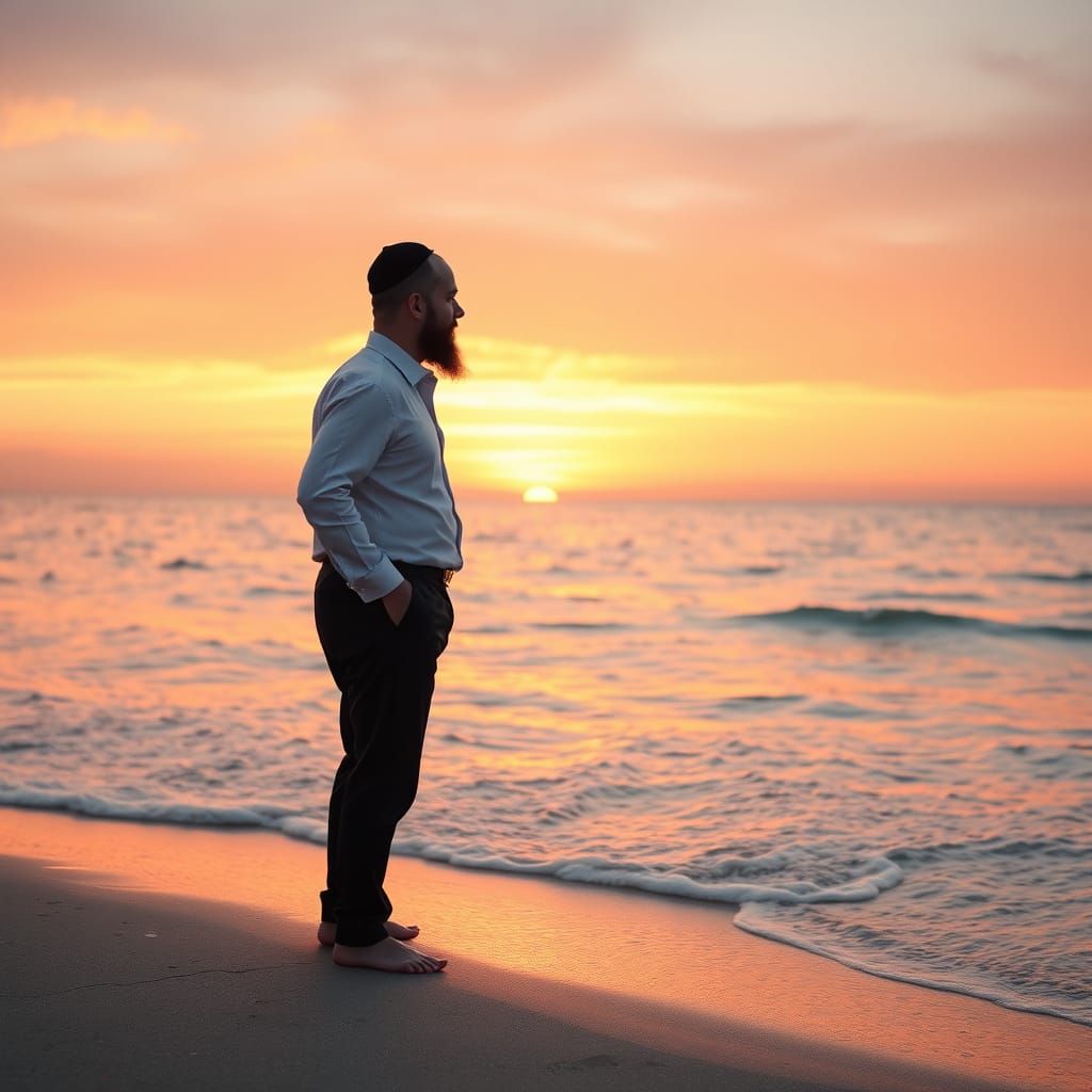 Contemplative Figure on Beach at Sunset