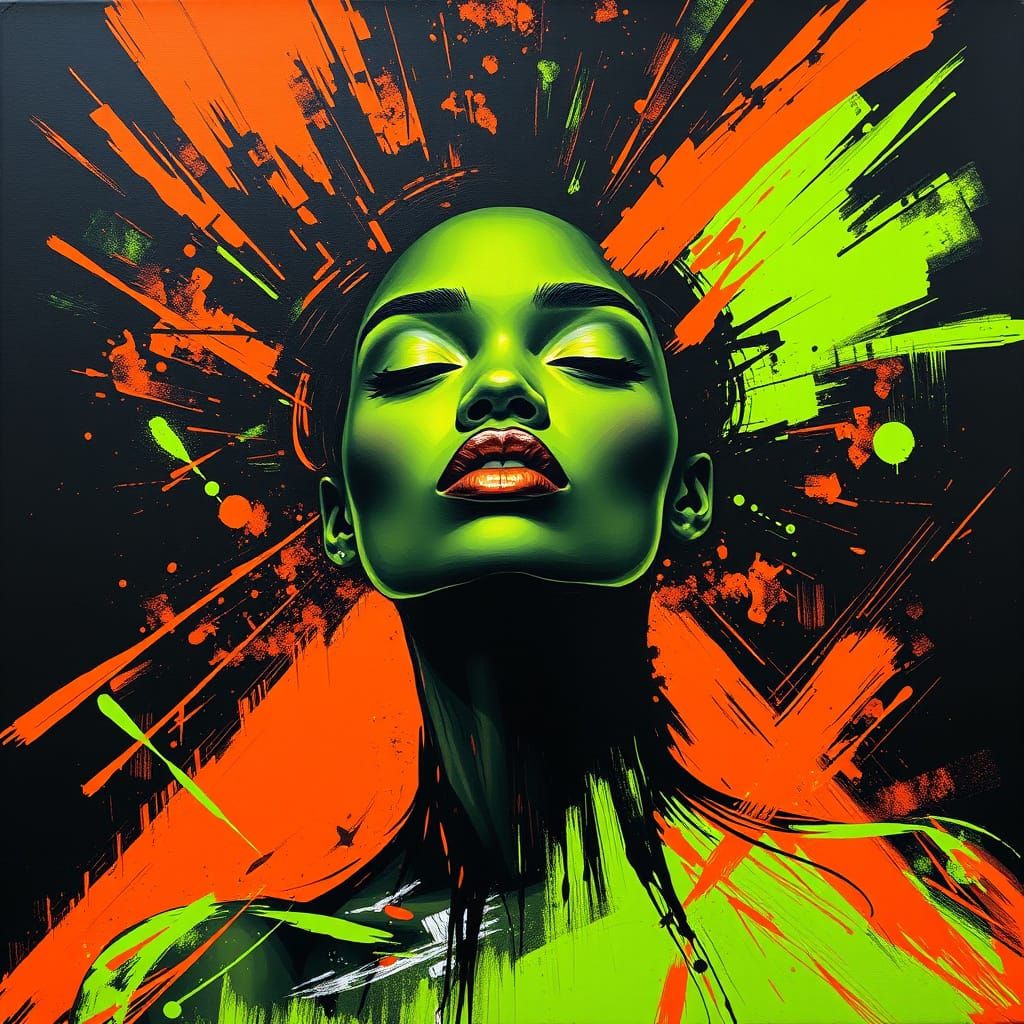 A high-contrast abstract piece, dominated by clashing neon green and neon orange shapes a beautiful black ...  by @Chuma Sam