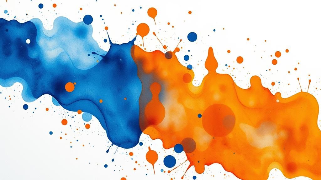 blue and orange watercolor paint splatter with white background 4k
