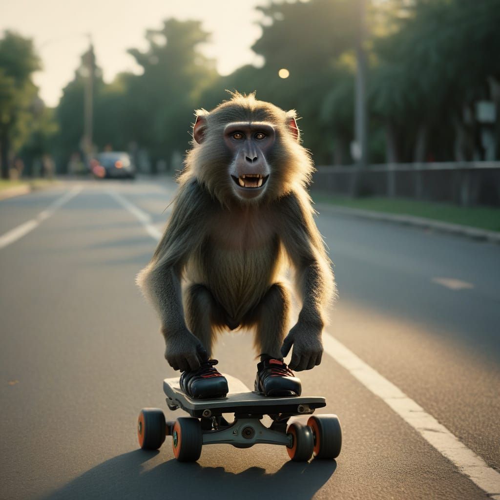 Baboon on Rollerblades in Cinematic Style
