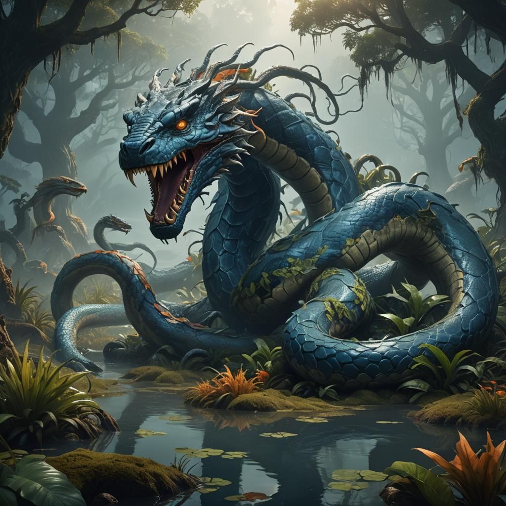 Mystical Hydra in Misty Wetland, Fantasy Concept Art
