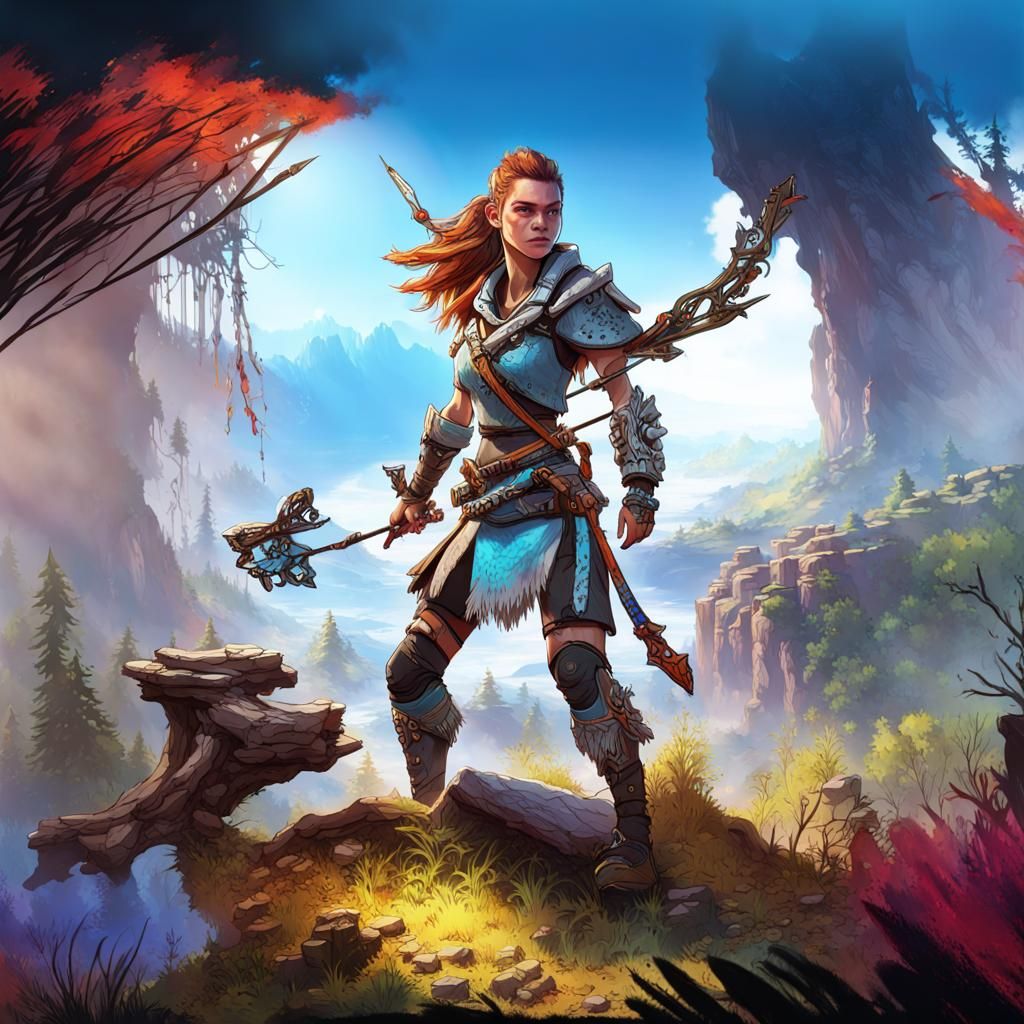 horizon Zero Dawn the game , Aloy holding bow , Hyperrealistic, splash ...