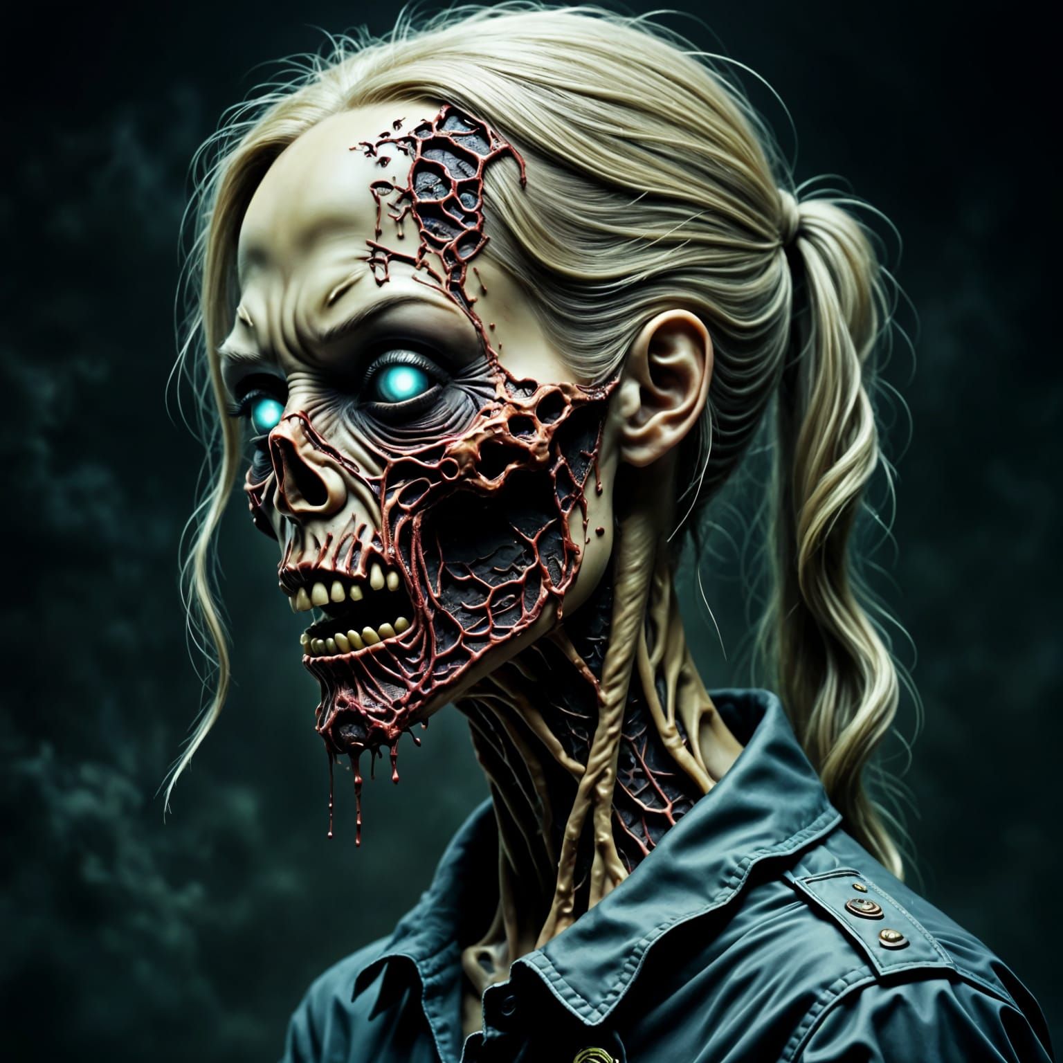 A terrifying ultra-detailed half body portrait of a female zombie with rotting, peeling flesh and exposed muscle. Her hollow, blue glowing e...