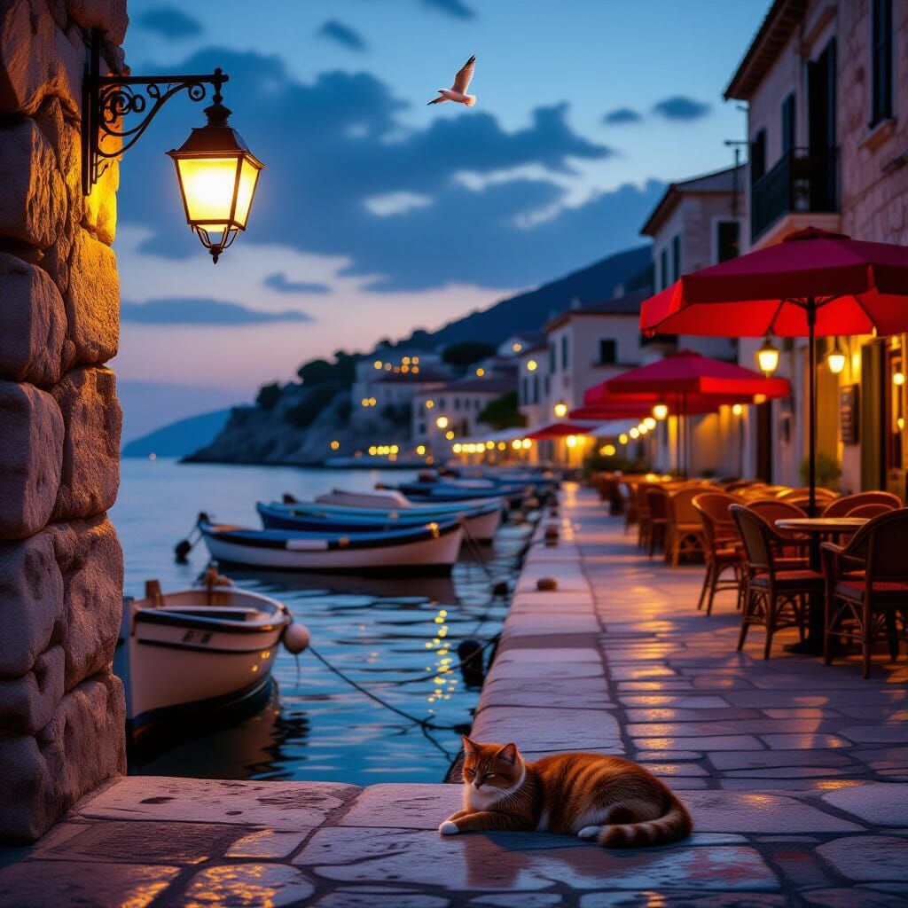 Hyper-realistic cinematic scene, ultra-detailed, 8K resolution.
A peaceful Mediterranean harbor at evening, softly illuminated by warm stree...