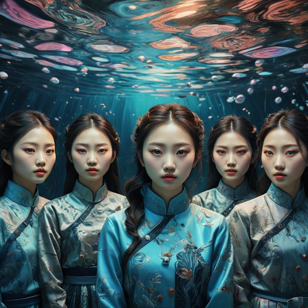 Surreal Oil Painting of Korean Women Emerging from Water