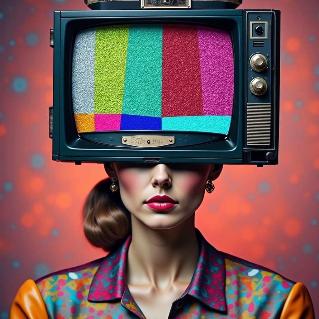 <lora:SurrealMixed:1.0> 1980s woman with a vintage tv head, the screen is static glitter dust