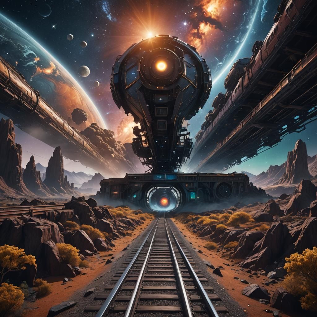 A train crossing the universe on a cosmic railway