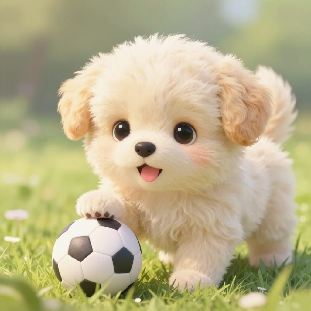 Fluffy Puppy Playing Football in Dreamlike Style