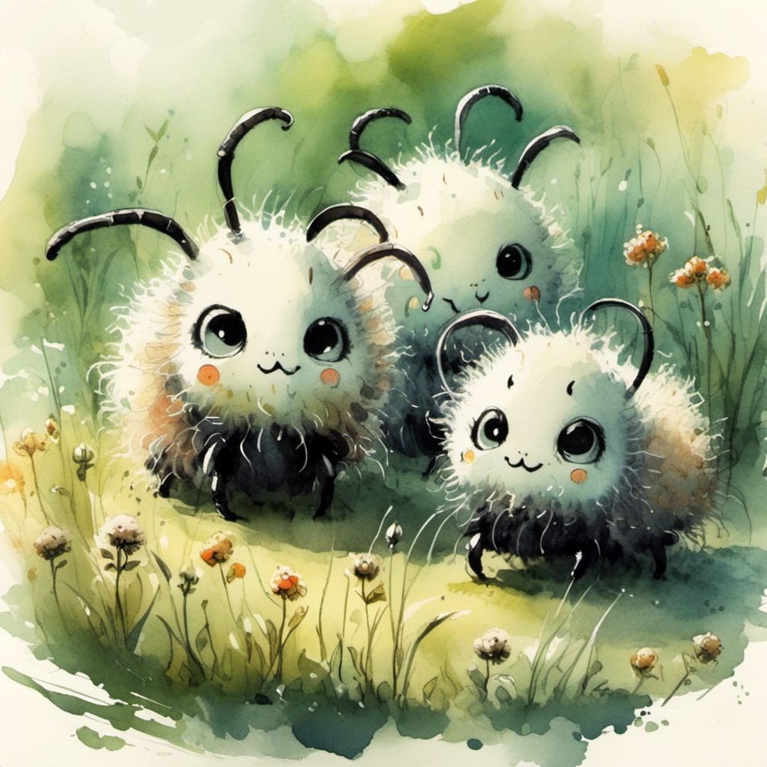 two anthropomorphic girl black ants smiling and waving hi ink wash art