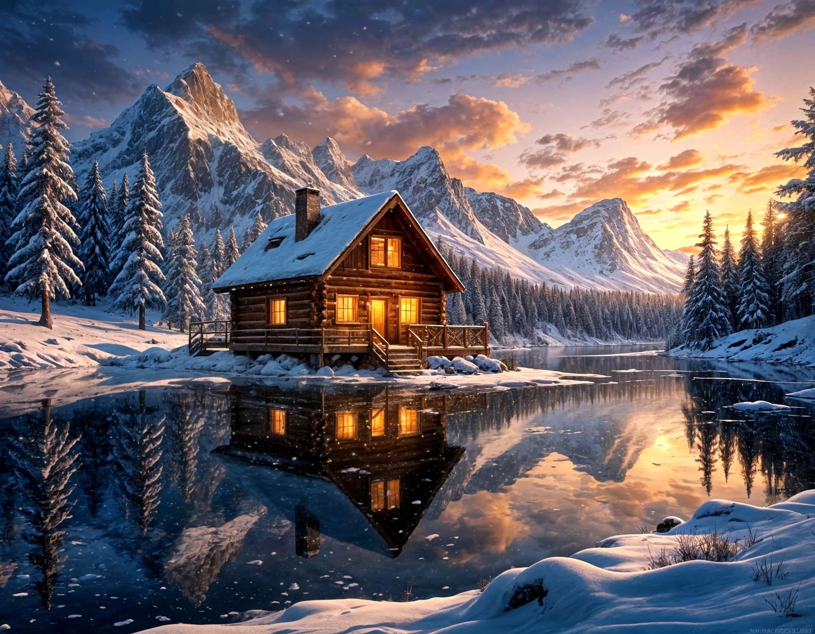 a view of a cabin in the snow with a sunset in the background, beautiful snowy landscape, winter setting, ...  by @Quebra