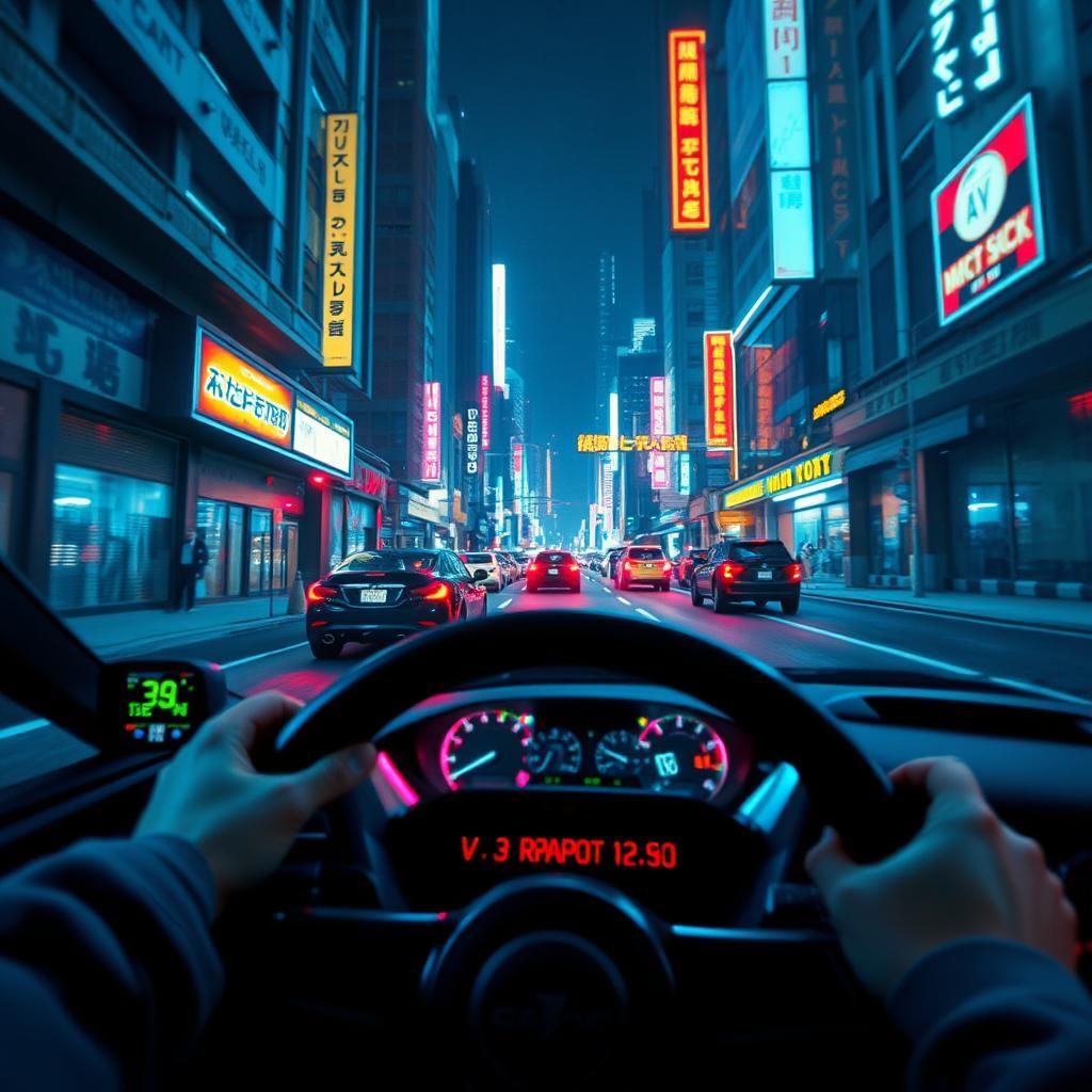 driving car Point of view in futuristic neon city scene Hyperrealistic, splash art, concept art, mid shot, intricately detailed, color depth...