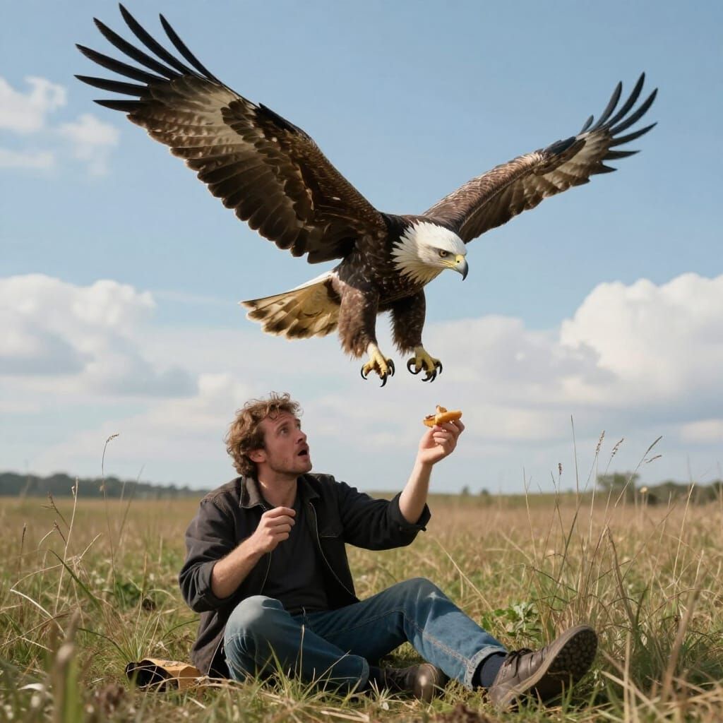 Man Surprised as Eagle Swoops for Food in Open Field