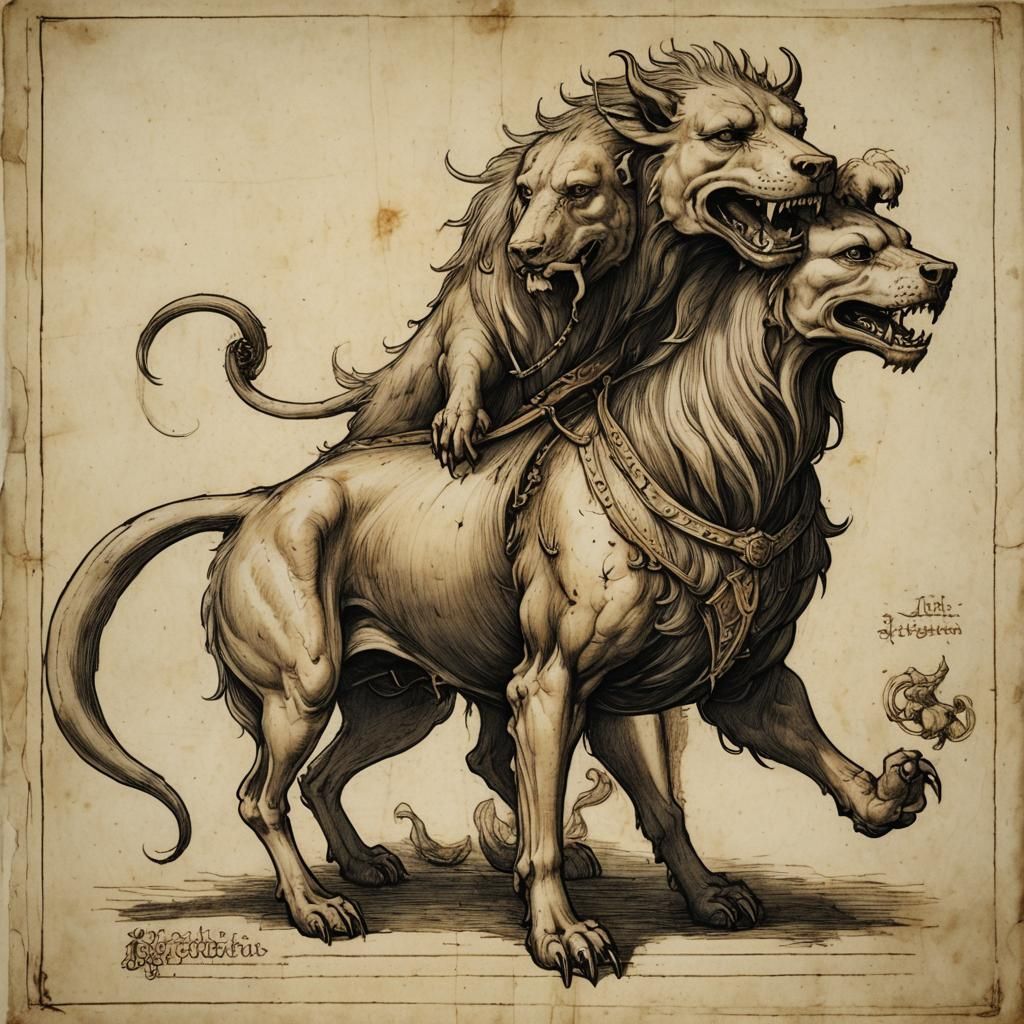 Leonardo da Vinci style medieval bestiary entry of a Cerberu...