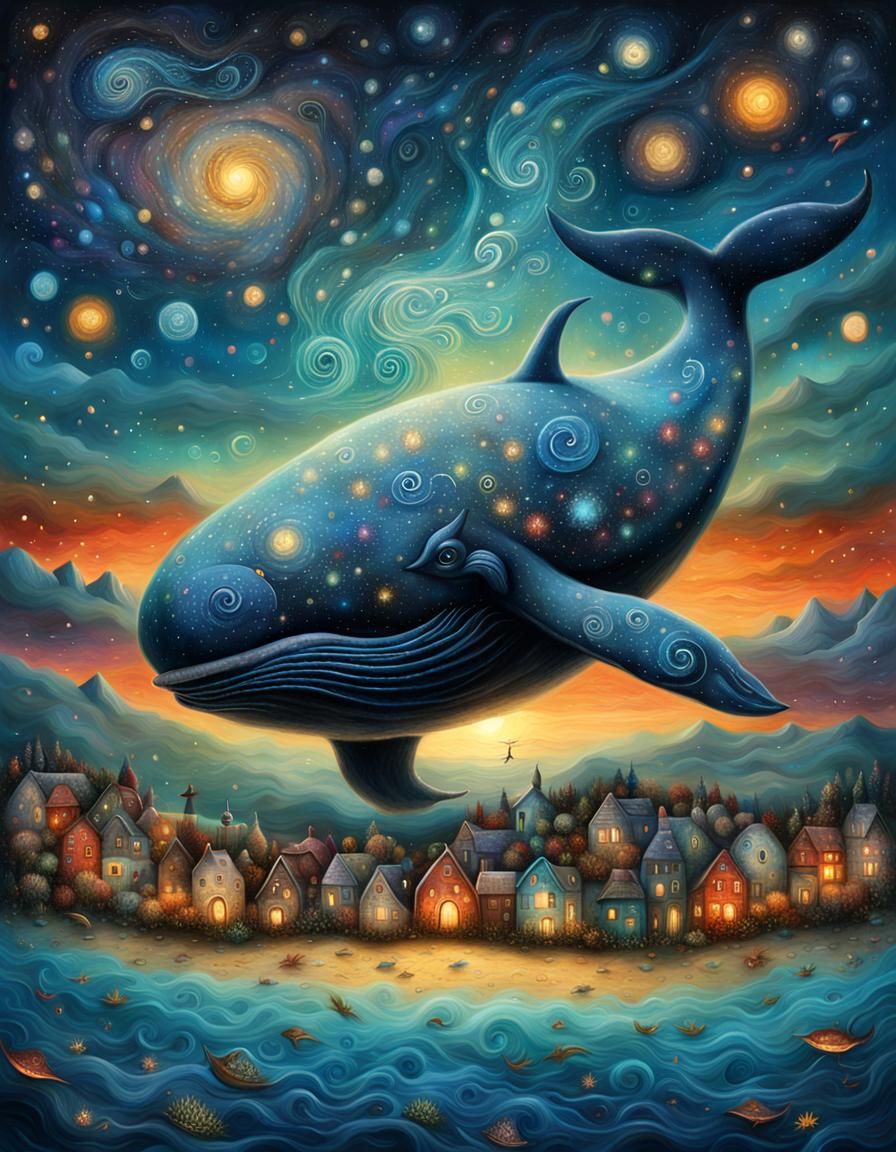 Cosmic Whale Village in a Starry Ocean