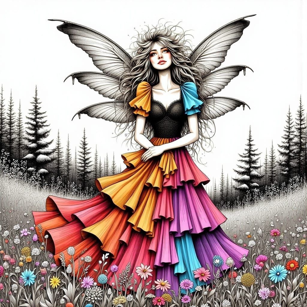 <lora:Ink cartoons:1.0> A gorgeous fairy with intricated details, messy long blonde hair, wearing a bright dress in a Winter field. Ink Art,...