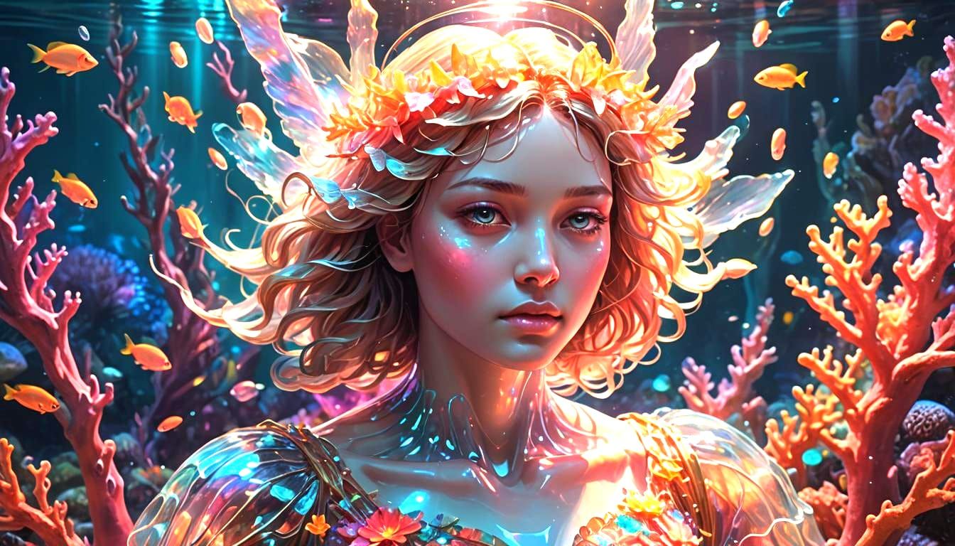 Glass Angel in Coral Reef with Neon Lights