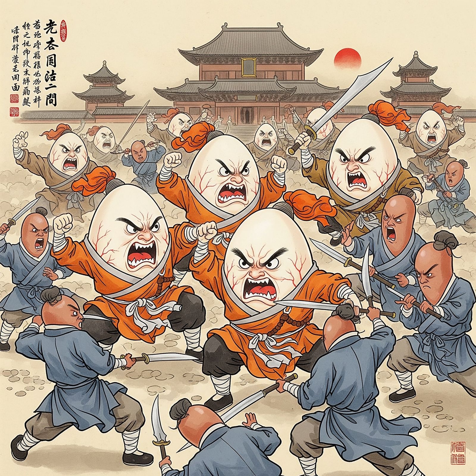 Angry Eggs Shaolin, attack of the angry sausages