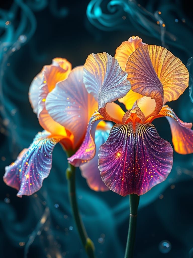 Harry Clarke's style: a pair of iris germanica flowers, made of water, mercury, glittering, lots of texture ...  by @Hugo Raul