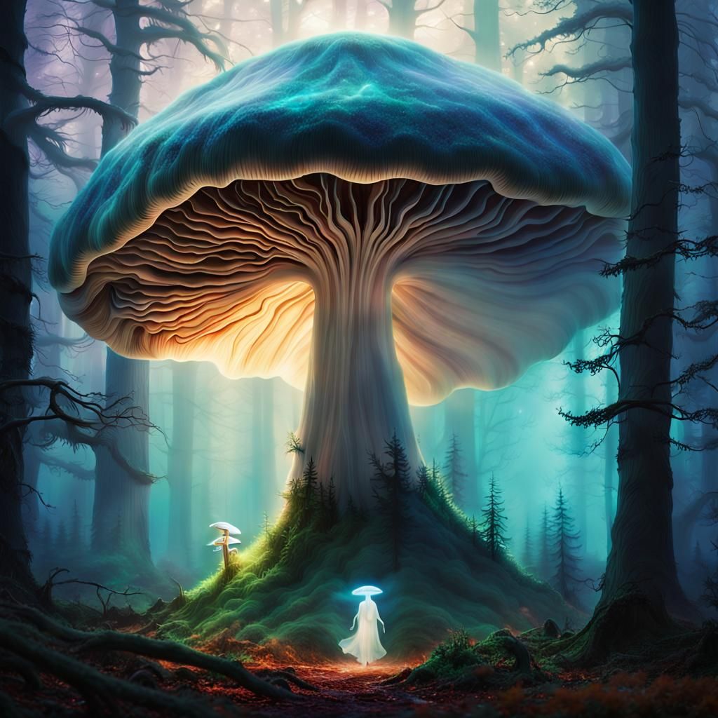 Surreal Mushroom and Ghost in Mystical Forest