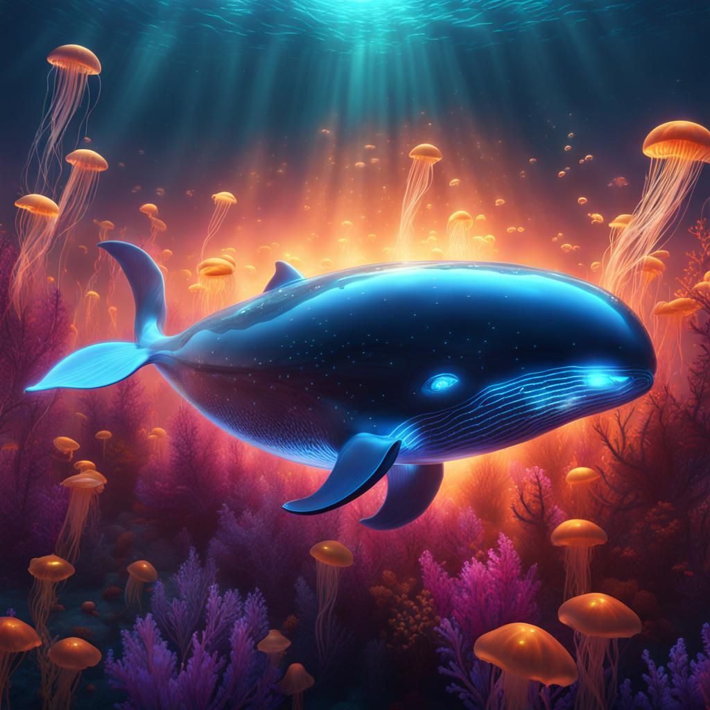 Underwater view of a huge fantastical glowing transparent gl...